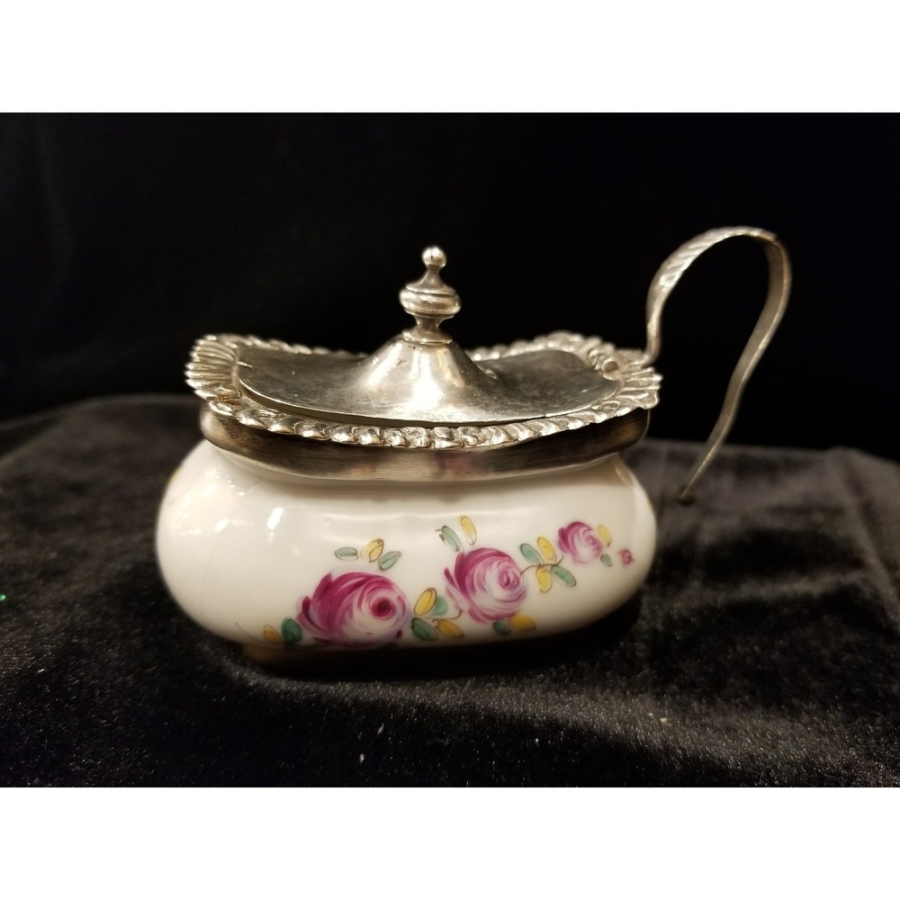Vintage Porcelain Trinket Box With Silver Plated Lid Hand Painted- Spain